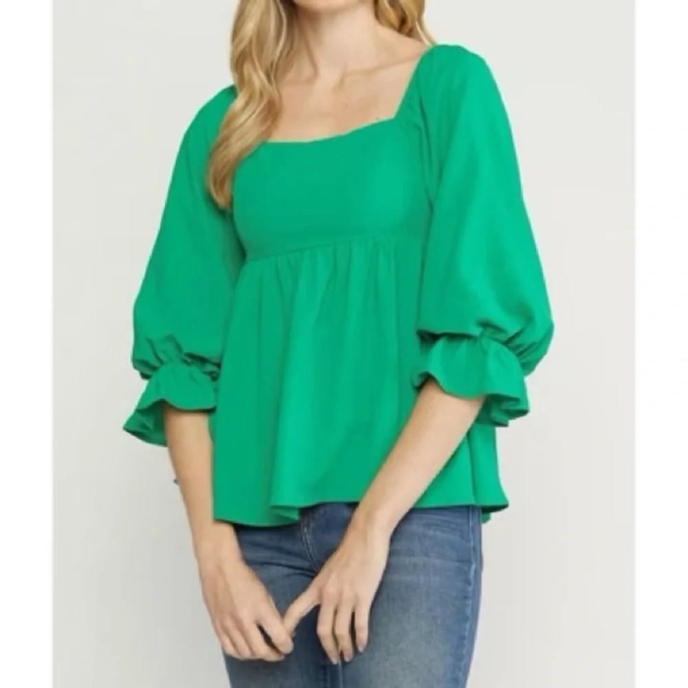 Entro Puffy Sleeve Babydoll Top Green - Picture 2 of 9